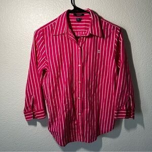 Chaps Barbie Pink Academia 3/4 Sleeve, Striped, Button Down, Preppy Shirt